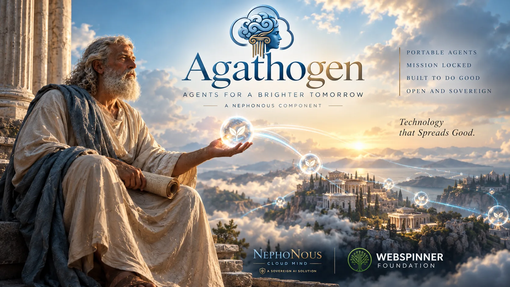 Agathogen — a robed sage seated among marble columns above a sea of cloud, holding a glass sphere with a seedling inside; threads of light carry more of them out to a city on the far ridge at sunrise. The plate reads: Agathogen, agents for a brighter tomorrow, a NephoNous component. Portable agents. Mission locked. Built to do good. Open and sovereign. Technology that spreads good.