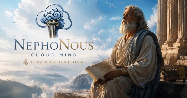 NephoNous — Cloud Mind: a sage seated among columns above a sea of cloud